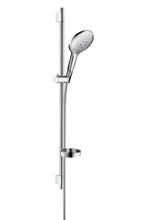 Hansgrohe Brauseset mit einer verstellbaren Handbrause, montiert an einer länglichen Brausestange. Unter der Brause befindet sich eine Seifenschale.